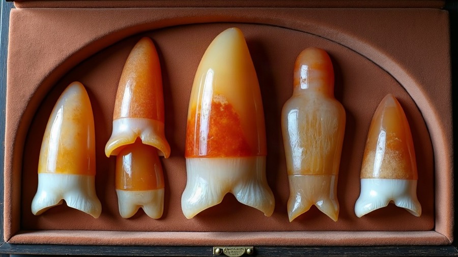 A collector's case of teeth carved from polished agate